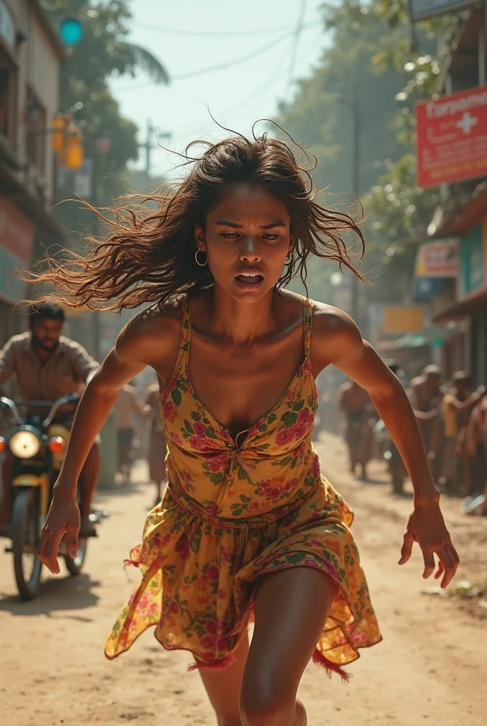 A female survivor wearing a Thai dress is seen running away from zombies. The image shows Thai houses and a  tuk-tuk have zombies
