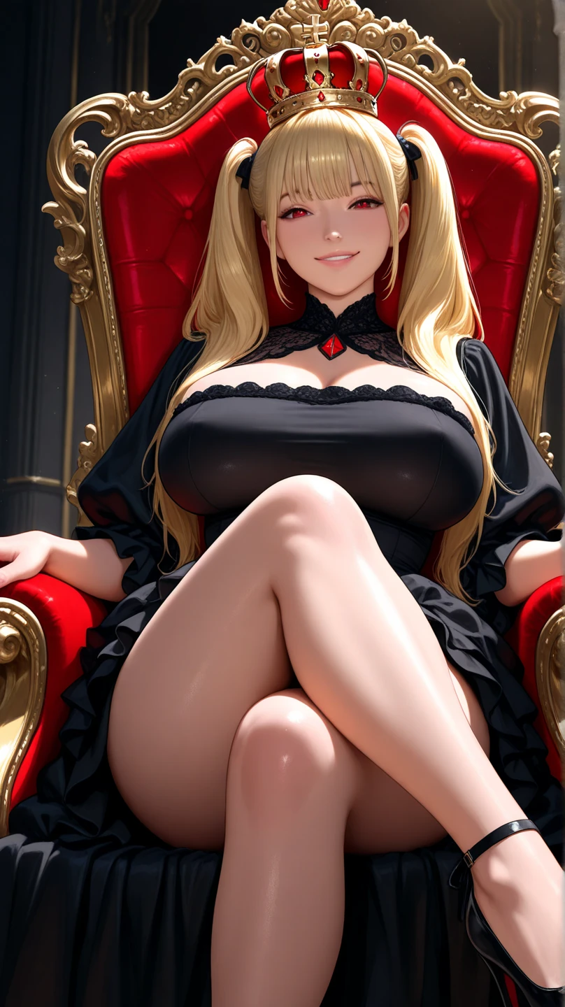 Blonde woman, twenty eight years old, blue eyes, wearing red long dress, beautiful long dress, sitting on a chair in a exquisite room, fantasy world, strong body, big tits