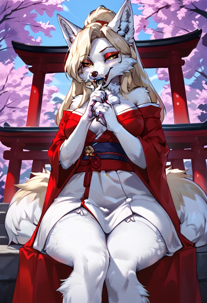 Curvy white-haired 9-tailed kitsune wearing a fur-lined robe and a cherry blossom kimono, wearing thigh-high fishnet stockings (alone)(Alone), alone, Alone