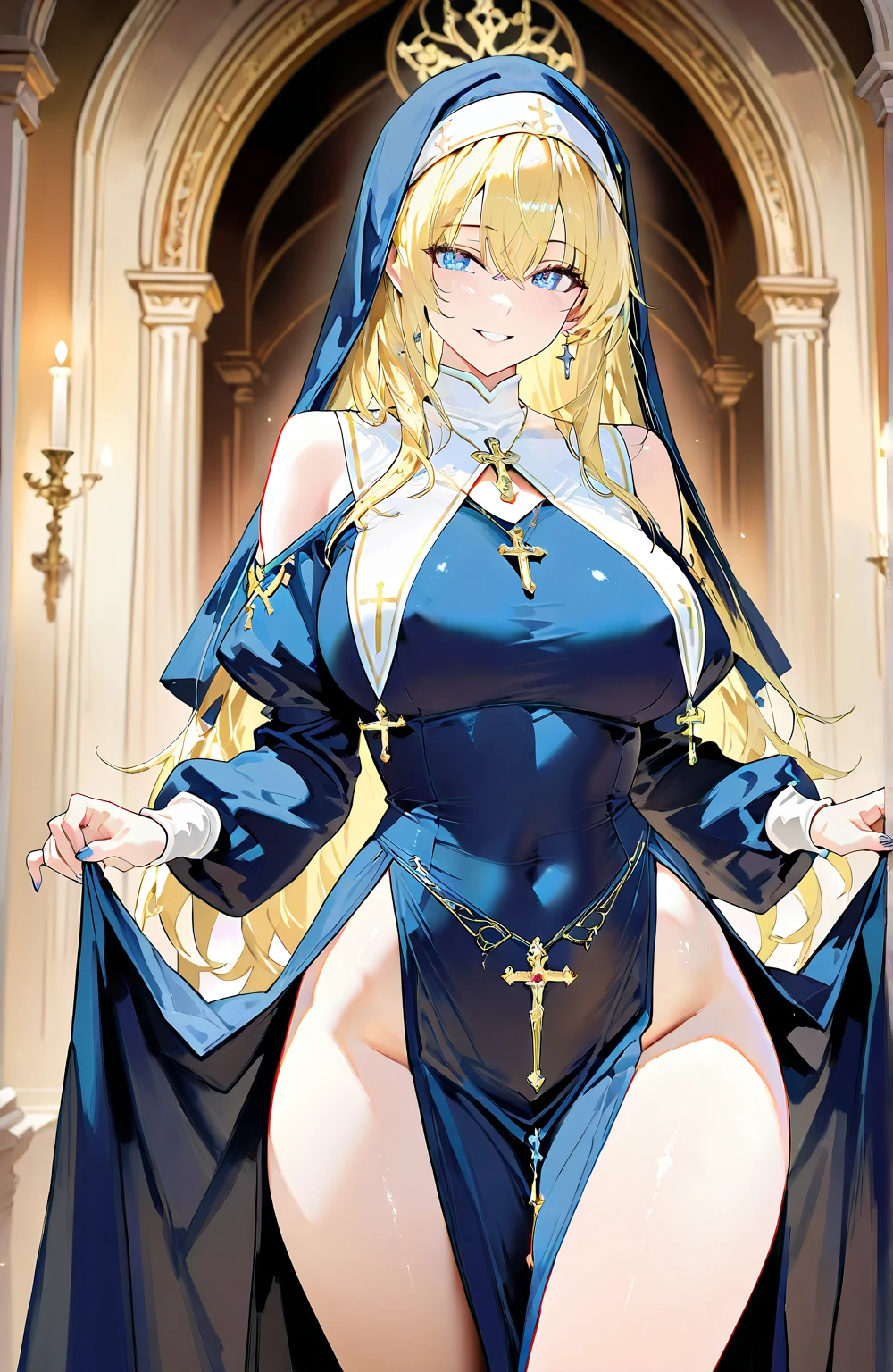 masterpiece, beautiful, 1girl, blonde hair, boots, breasts, capelet, cross-laced footwear, dark-skinned female, full body, hat, large breasts, long hair, looking at viewer, mitre, parted lips, pelvic curtain, revealing clothes, clerc, church background, autel