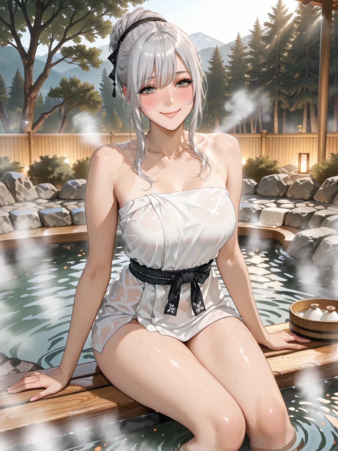 1girl, White hair, Purple eye, ssmile,sportrait, photorealestic, Towels, (onsen), sidelighting, wallpaper, nsfw, (0 after sex.7) High resolution 1080P Upper body wearing bikini, lower body naked, feet soaked in hot springs, ambiguous eyes, looking at the audience