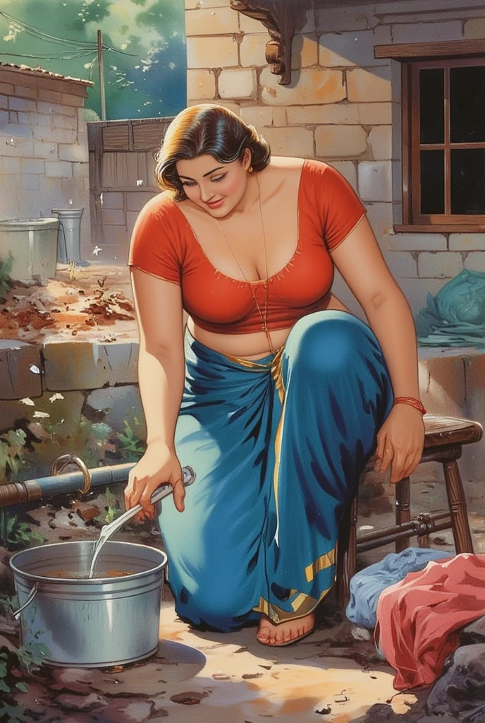 painting of a woman in a sari holding a pot, oil on canvas painting, oil canvas, oil on canvas, oil painting on canvas, traditional beauty, inspired by Raja Ravi Varma, oil panting on canvas, painting oil on canvas, oil - painting, oil-painting, oil painting, oil art, oil panting, an oil on canvas painting