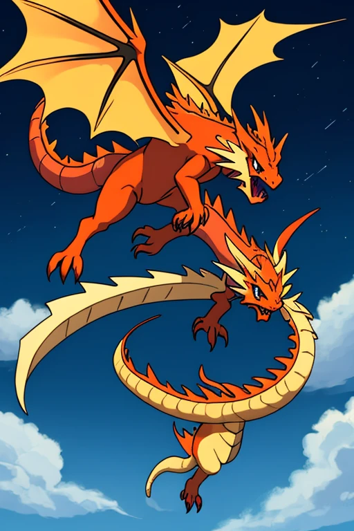 ((masterpiece), best quality, high quality, professional quality, highly detailed, highres, perfect lighting, natural lighting), red dragon, flying in sky, clouds, night