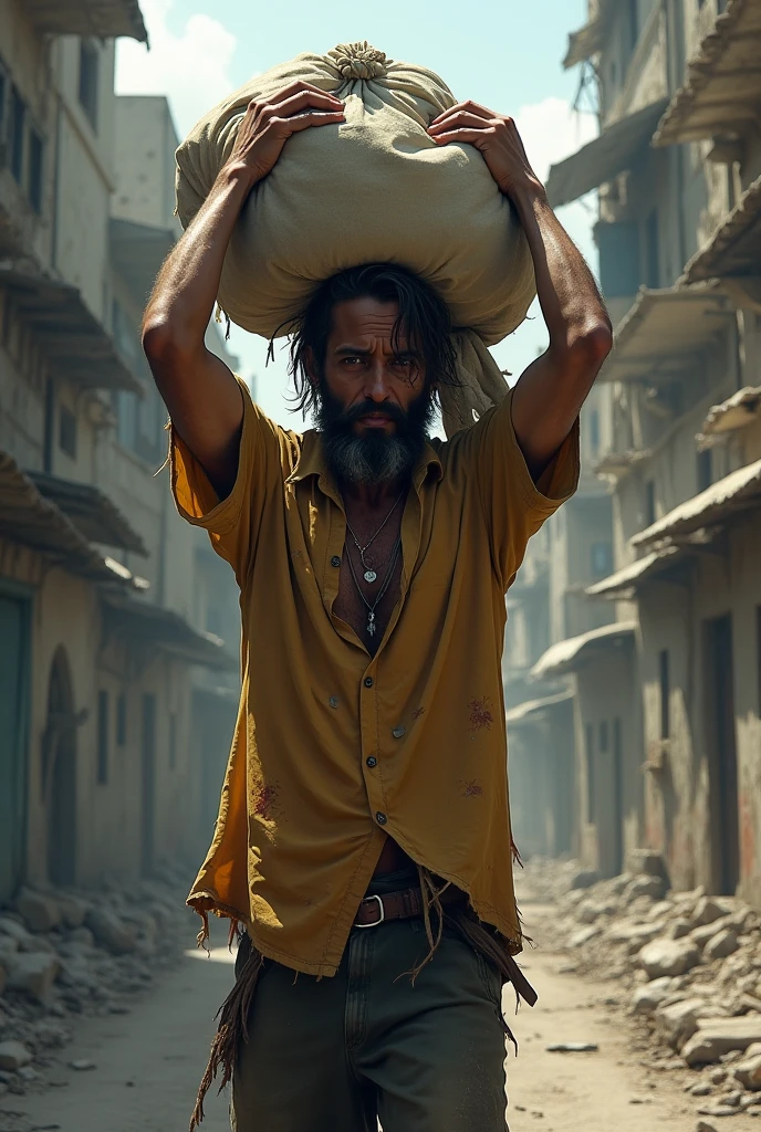 "Jesus Christ struggling to carry a large motorcycle on his shoulder up in a town road, . The scene is set in a rustic, rural landscape with rugged terrain, emphasizing the effort and emotion involved in his task."and more villagers are watching him other town and he is
crying folling water in his eays