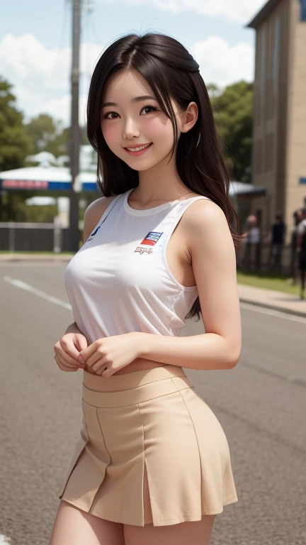 8K, Ultra-high resolution, Highest quality, masterpiece, 三分割法によるphotograph,Surreal, photograph, 1 Girl, (:1.3), pretty girl, Cute face, Beautiful eyes in every detail, 細かくdetailedに,masterpiece,, One Girl:1.2, Japan Female Announcer, blue sky, Confetti, Racing Car, flag, Small face, Very delicate facial expressions, Delicate eye depiction, Very fine hair, Upper body close-up, erotic, The only sexy Japanese woman, Healthy body shape, 16 years oldeen, Large, firm, swaying bust, Sexy long legs, Glowing Skin, Soft Skin, 派手なRace Queenのコスチューム, Blue tight skirt, White Leather Long Boots, Formula 1, Auto Racing Track,Beautiful leg line beauty,Captivating thighs,Full of sex appeal,Sensual,A carefree smile,Heal the heart,Short ponytail、beauty,Long neck、Laugh a little、Please close your mouth and laugh、(((Ideal body type))),A cup small breasts :2,、Portraiture:2、Perfect Anatomy、鮮明なdetailed、detailed、Surreal、Light and shadow,Strong light