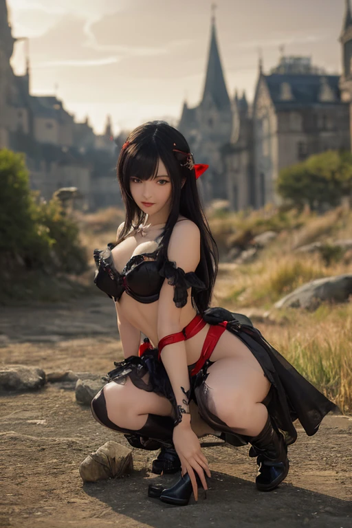 (in 8K, RAW Photos, top-quality, masterpiece:1.2), (realisitic, Photorealsitic:1.37), ultra-detailliert, high resolution, Huge Monster and sexy sorceress, building crumbling, Burning flame, stunningly beautiful face, dynamic ungle