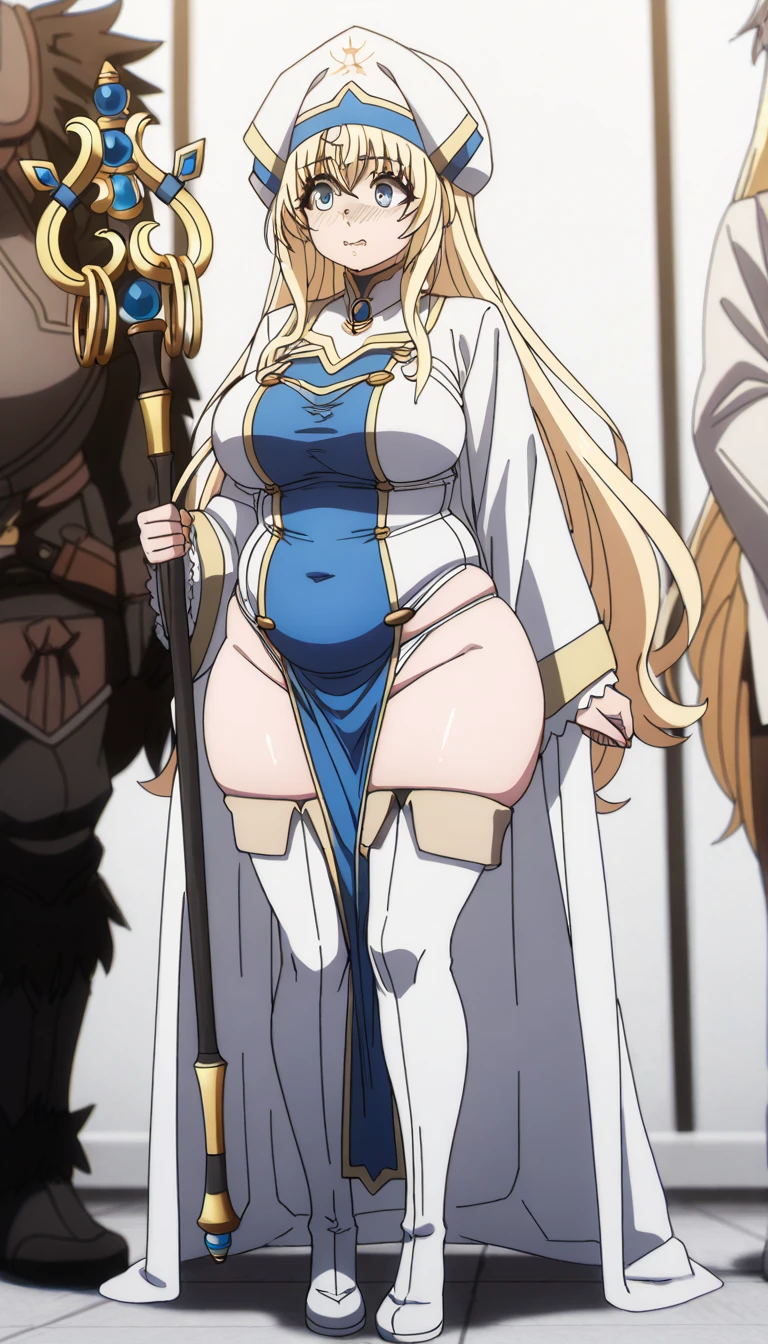 1girl, solo, blonde_hair, pointy_ears, luminous eyes, blue_eyes, long_hair, sexy mature look, intense gaze, 4K resolution, masterpiece, highres, illustration, extremely delicate and beautiful, extremely detailed, upper_body, collarbone, cleavage, medium_breasts, thigh_strap, fit body, sexy muscular, covered six-pack belly, covered_navel, bedroom, standing, looking_at_viewer, perfect hips, perfect eyes, perfect hands, perfect fingers, perfect legs, perfect thighs, perfectly drawn anatomy,
