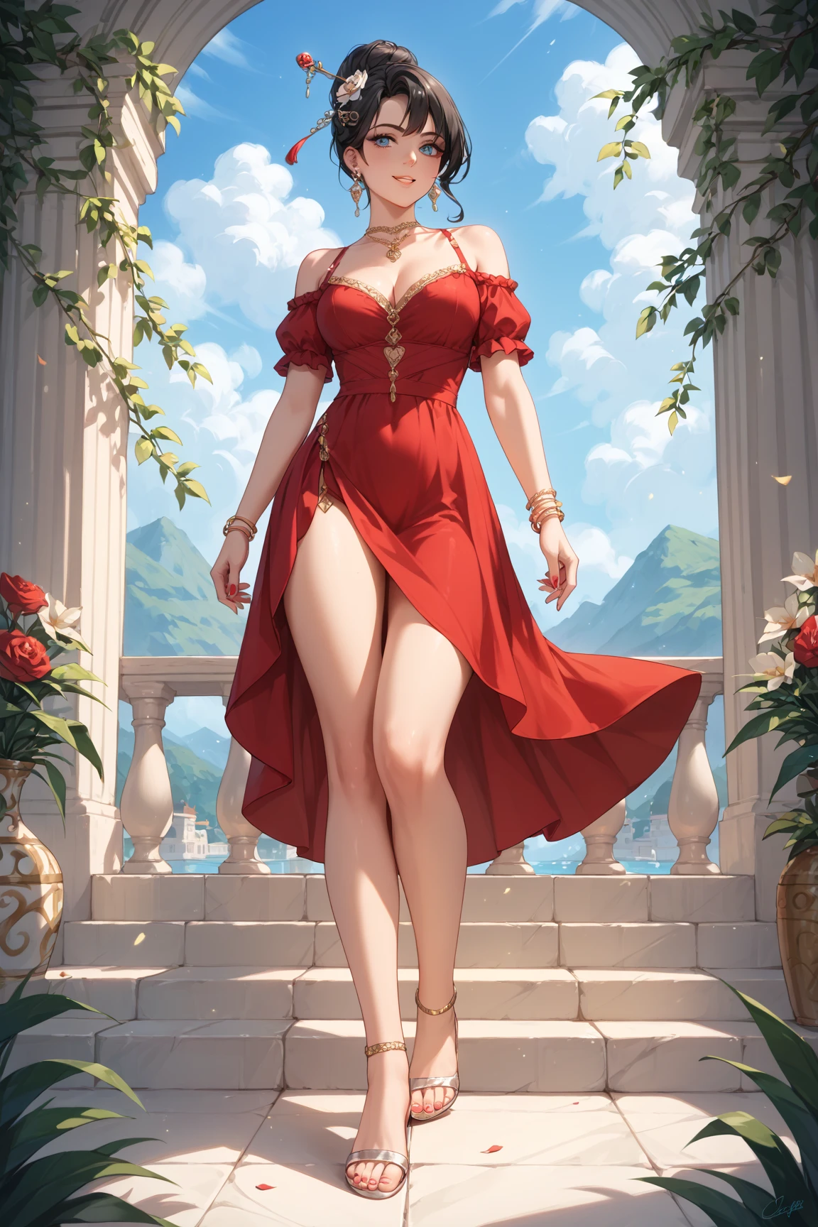 Best quality, 4k, high resolution, body stuck dress, perfect smile, gorgeous, light skin, (Malt S melromarc),red hair, wearing bodycorn dress,
Long sheeves, stuck in body, bodyfit outfit,
1 girl, short hair (malt''s haristyle), solo, seductive look, elegance and charm, (masterpiece, best quality, high resolution), looking at the viewer, standing, (intricate and beautiful:1.2), (detailed light:1.2), (soft light, side light), (high resolution textures) , holding leash in hand(chain leash), outdoor, Burmese girl,full body pic,wearing bodycorn dress(red colour), wearing gorgeous jewelary, wearing high heels, wearing harness over the outfit ,outdoor background, sun light, attractive, sexy, mature and hot, milf,
Thick thighs, thick ass, big ,arrogant face,
