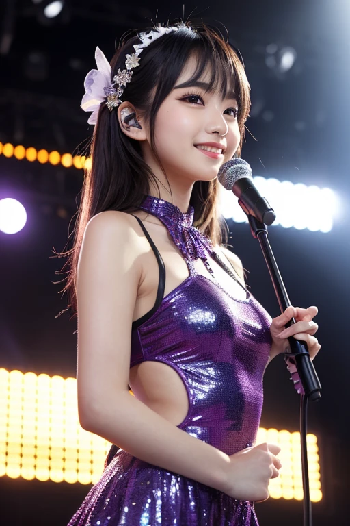 ((alone),masterpiece,Highest quality,High resolution,Realistic, photo Realistic),Cleavage, Japanese,Beautiful woman,sexy,Idol,White camisole,Nipples, Cleavage, Cleavage cutout,Translucent clothing,Blue Eyes,Big Eyes,Shiny eyes,Fuller lips,Black Hair,Long Hair,Big blue ribbon,On Stage,Backlighting,Rock band vocals,medium shot,24-years-old