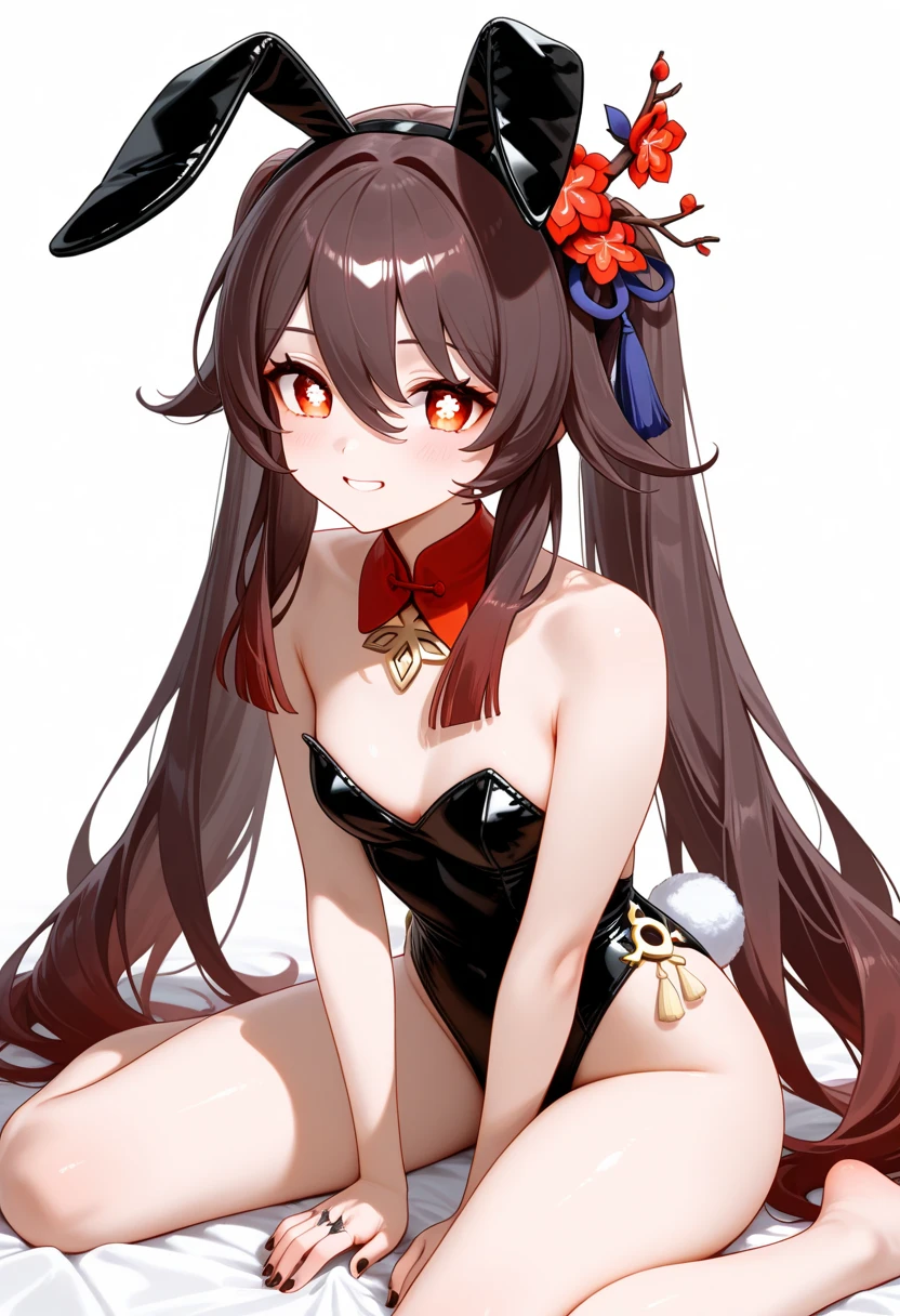 (score_9,score_8_up,score_7_up), 1girl, hu tao,,bunny girl,, beautiful eyes, looking at viewer, , kneeling, bunnysuit, fishnet stockings, cleavage, (areola:0.8), slim legs