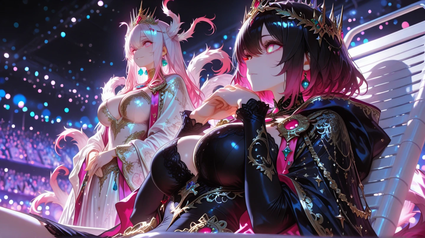 masterpiece, best quality, ultra-detailed, highly detailed, intricate design, anime-style character, [Changli from Wuthering Waves], young woman, light pink hair, twin braids, golden eyes, sly expression, finger on lips, futuristic warrior attire, white and black outfit with red accents, elaborate clothing details, hair ornaments, fantasy setting, add more detail