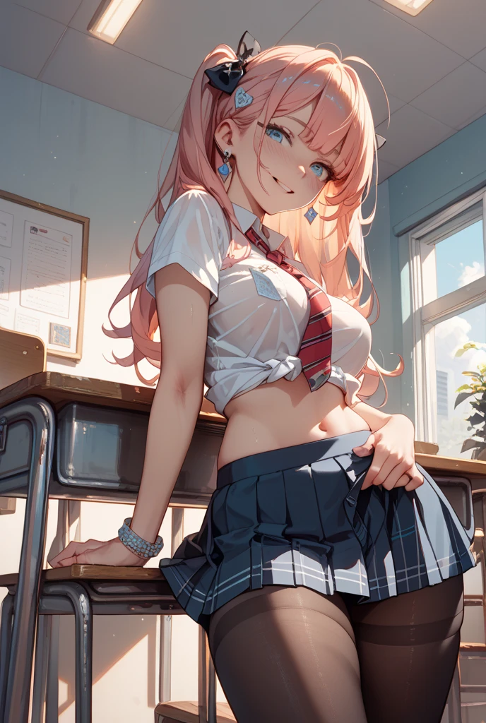 Ultra high resolution, 16k, ((masterpiece)), ((best quality))), ((super detailed)), a girl, long pink hair, high school uniform, smile, in the classroom, lifting skirt, nsfw
