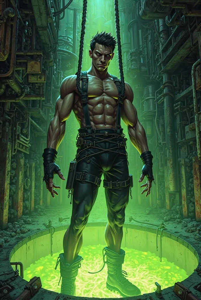 Images of a fantasy character with adrenaline, bound in chains and a muzzle, wearing hoses and green liquid, dressed as a soldier 