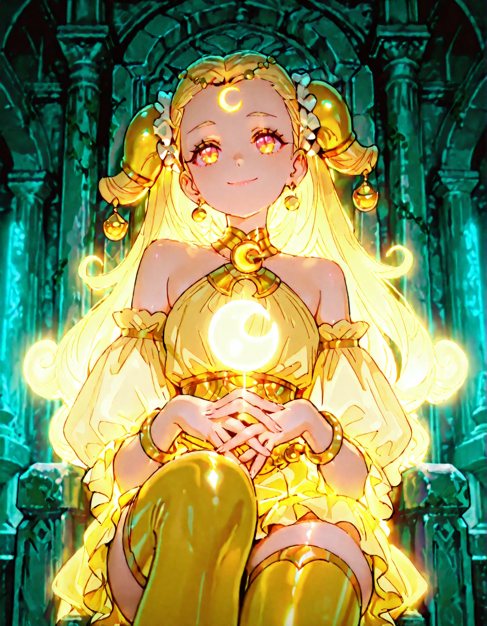(masterpiece), best quality, (best illustration), amazing quality, very aesthetic, perfect body, shiny skin, perfect eyes, detail1eye, well-defined fingers, beautiful detailed face, source_anime, anime style, (((solo, 1girl, solo_focus))), libraprincess,  jewelry, earrings, dress, yellow dress, crescent, bracelet, forehead mark, hair ornament, bare shoulders, yellow skirt, detached sleeves, zettai ryouiki, smile, close up, elegant, throne background, pillar, stone throne, glowing light, dramatic lighting, cinematic atmosphere,