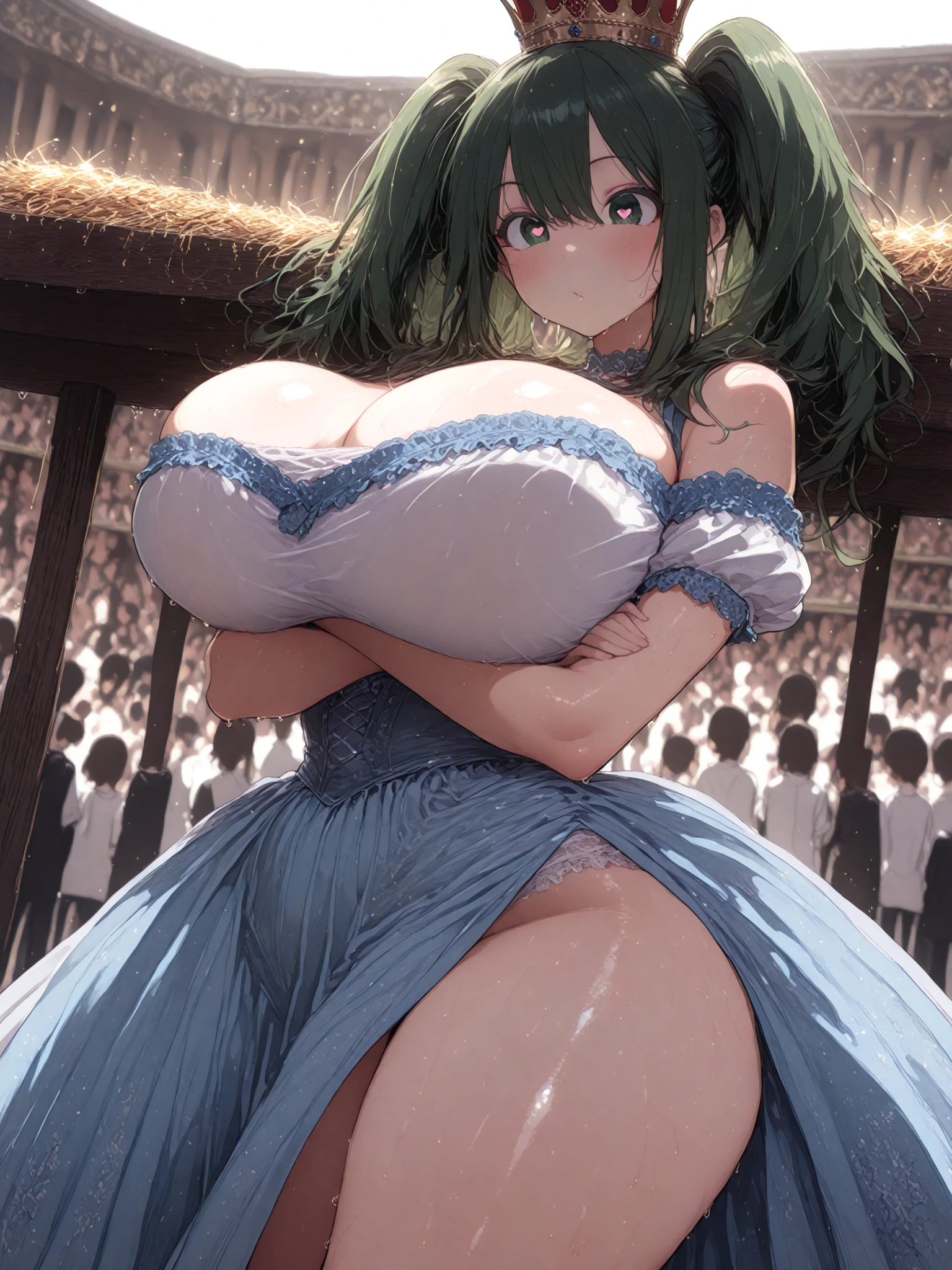 Perfect detail, Special details, highest quality,,expensive, woman,A satisfied smile .round face、View Viewer, Green Hair, Long Hair, , , Side bang, Partially exposed forehead, Dark blue eyes, Mature Body, Perfect body, Large Breasts,Big Ass.Sweaty body,Breast milk overflowing from the nipples,Pussy,share、body fluid、Sticky、Open your mouth、 blush, Cleavage.Blue lace lingerie,Gold Jewelry,Gold Bracelet,Gold Collar、 Luxurious crown,, necklace, Pursing your lips, A light smile, Drunk, expensiveディテール, Depth of written boundary, 1080p, 16k, Awards, High resolution, highest quality, masterpiece, 超High resolution, Anatomically correct, Super detailed,,Huge breasts、Realistic、Perfect bodyライン、aerial photograph、aerial photograph、Destroying the city with a smile、 (A giant girl bigger than a skyscraper destroys the city of Shibuya:1.5)、cute、body fluid,Sticky、Eroticism,share Breast milk overflowing from the nipples Big breasts overflowing from the bra During pregnancy Occupy a major city