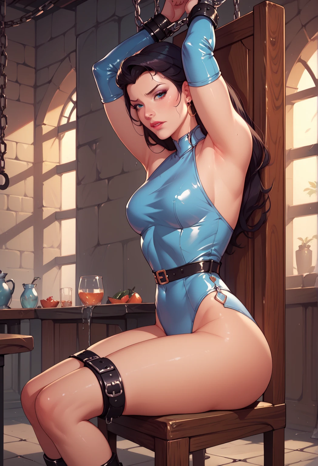 1 Girl, white girl, thot, Blushing, (((Wet Skin)), shiny short black hair, beauty, top heavy lips, cat eye eyeliner, Indoors, (on_back), Crotch, Bottomless, Abrola Prisoner, Torn Clothes, a lot of bracelets, dancer outfit, flowing clothes, slave outfit, Metal Collar, Shackles, Slaves, Chains, Shackles, The World of Marquis de Sade, Best Quality, Masterpiece, Ultra High Res, ( photorealistic:1.4), RAW photo, visible thong straps, desert