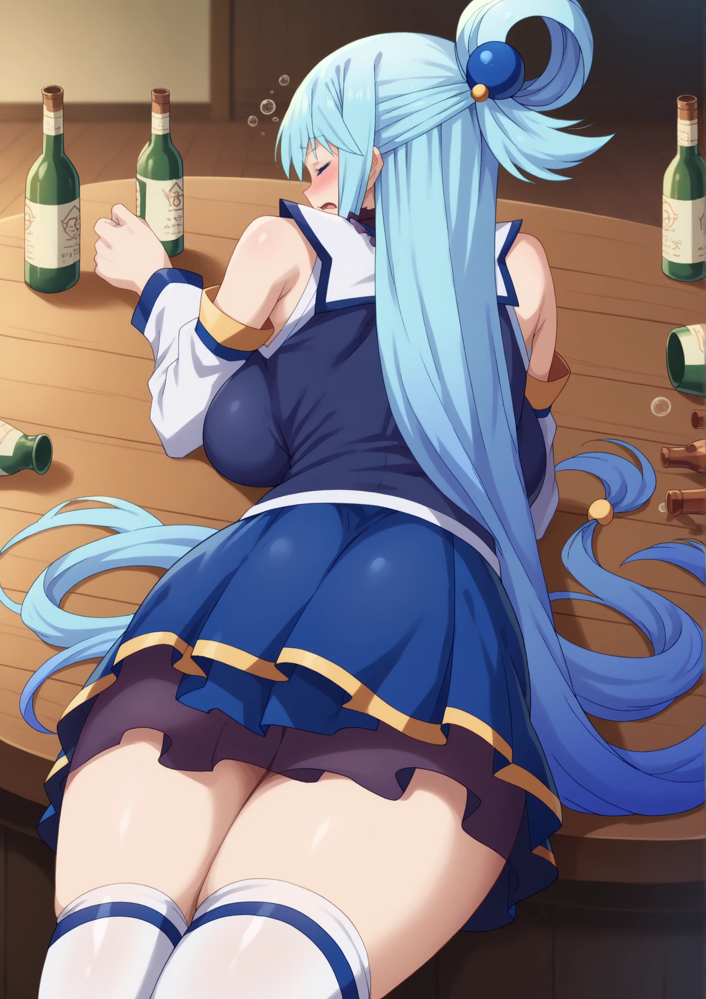 masterpiece, best quality, ultra-detailed, illustration, kawaii, detailed light, happy, smile, ahegao, blush, Highlights hair, hair, beautiful detailed body, detailed sparkling eyes, 1girl, looking back, showing skin, buttocks, bare thighs, perfect limbs, underwear, on the kitchen , full view of buttocks, showing buttocks, in heat,, legs open, show Vaginal rupture, top view, girl on the bottom, looking up, face as ahegao, rolling eyes, A man's  is inserted into her .
