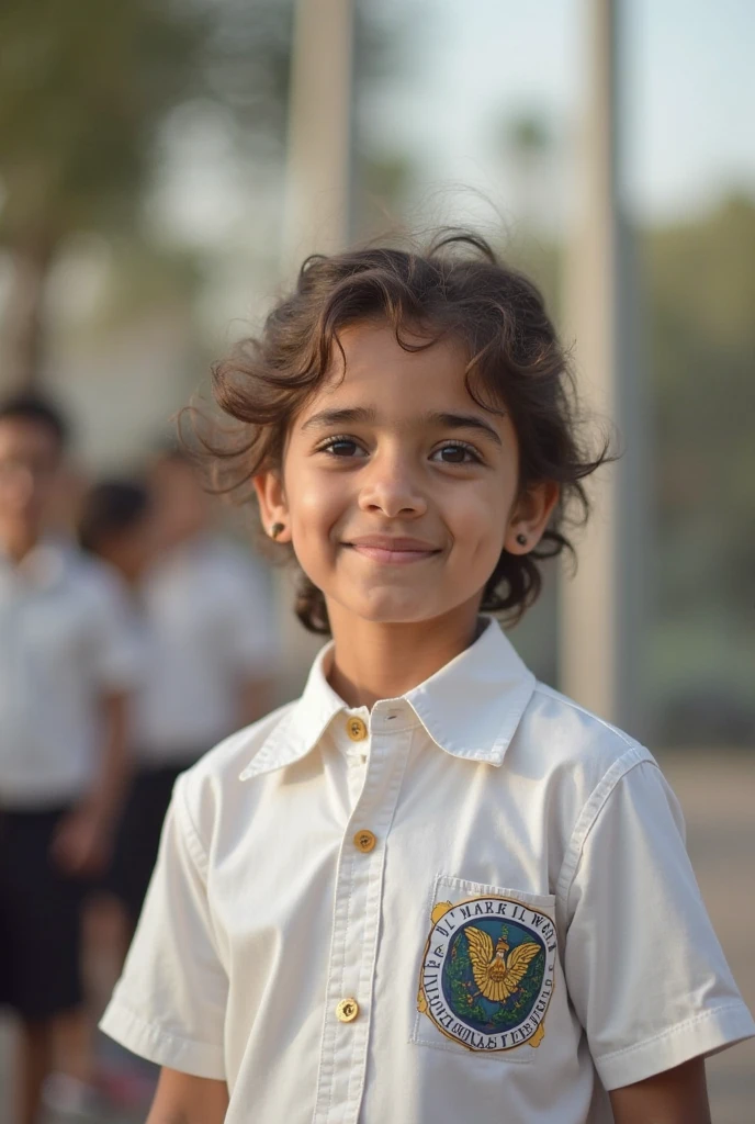 Cute Small Male Child , cebelos curto, dark green shirt with pink collars and sleeves and the FFC symbol, ele tem bochechas grande, Thick eyebrows and you're smiling