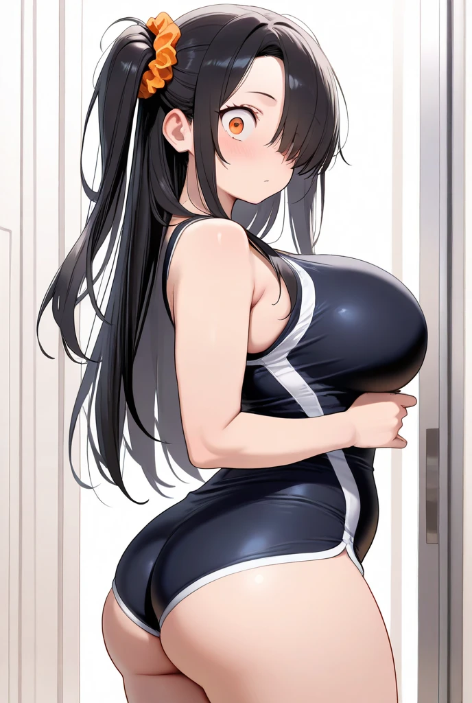 masterpiece,Highest quality,High resolution,shape,Very detailed,8k CG wallpaper,One Girl,Ray Tracing,Beautiful breasts,Long black hair, Black oversized swimsuit,White background,Waistline,Lie on your back,Crouching,Big Breasts,The back is arched,
