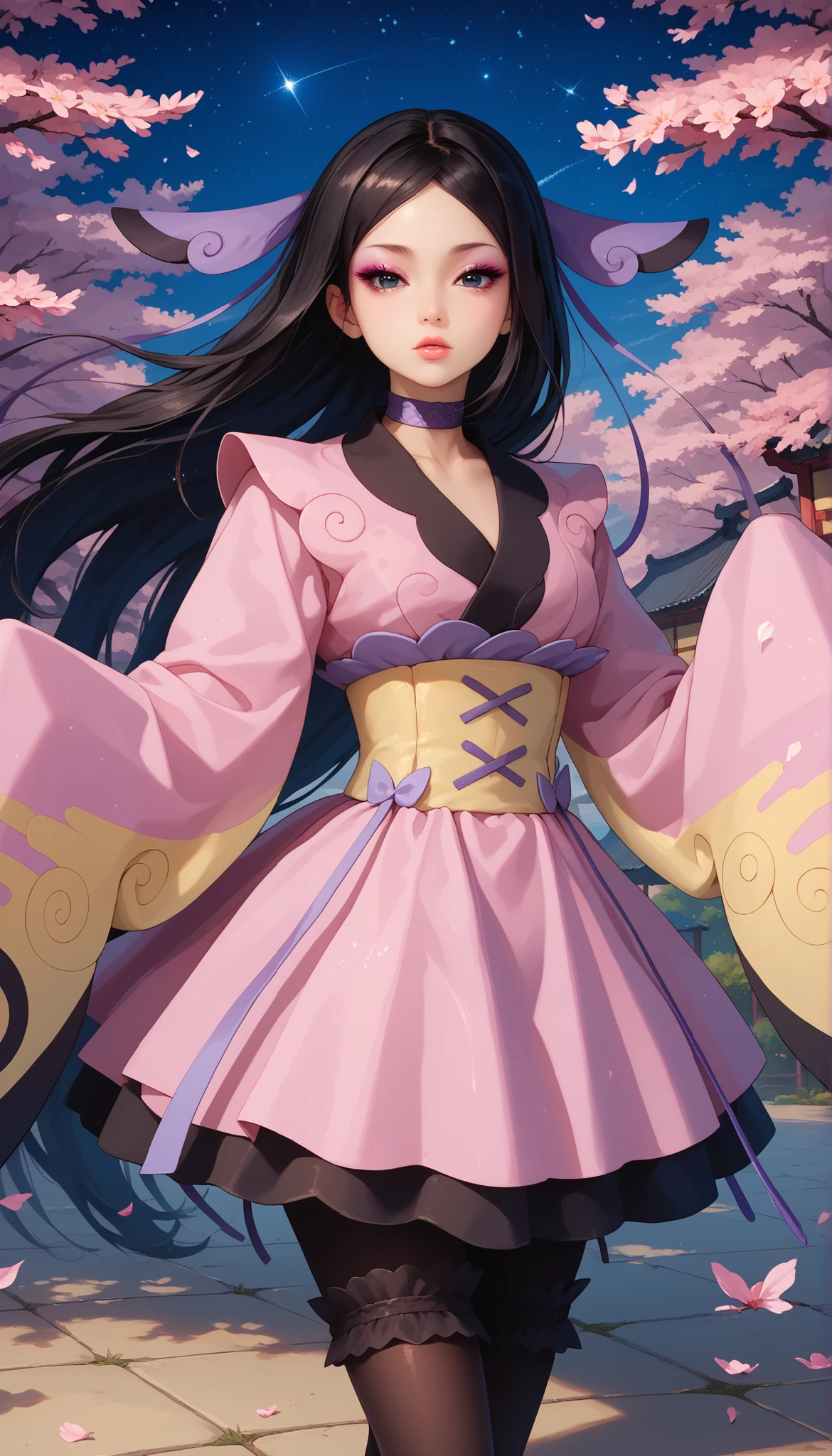 zzValerie, long hair, black hair, hair blowing in wind, big black eyes, detailed doll like glossy eyes, highly detailed face, glossy detailed lips, parted bangs, eyeshadow, hair ornament, black pantyhose, choker, dress, furisode, highly detailed clothing, japanese clothes, kimono, long flowing sleeves that completely cover hands and fingers, sleeves draping naturally to obscure hands, stood, dynamic angle, dynamic background, traditional Japanese garden, night time, starry sky, shooting stars, cherry blossom trees blowing in wind, stunning 8k quality, masterpiece, vivid colors, wallpaper qualt