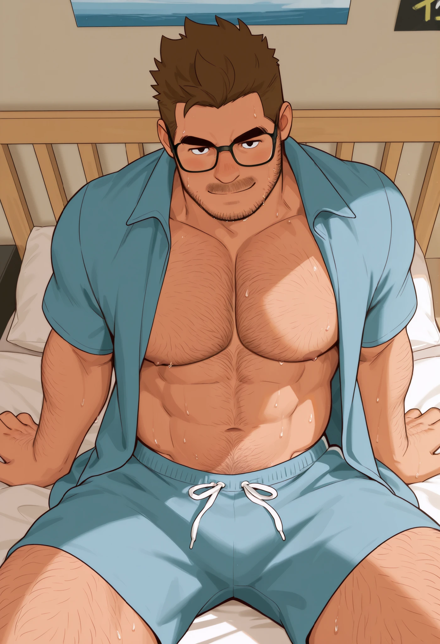 An award-winning original photo, imagine A wild muscular man, (40 years old daddy:1.1), 1boy, Solo, wearing pink animal costume, pajamas, hood, long sleeves, socks, (big shoulders), musculature, stubbles, Short beard, (Detailed face:1.3), (beautiful eyes:1.3), wearing glasses, big smile, Dynamic Angle, volumetric lighting, (Best quality, A high resolution, Photorealistic), Cinematic lighting, Masterpiece, RAW photo, Intricate details, hdr, depth of field, sitting on a bed, viewer looking, night time