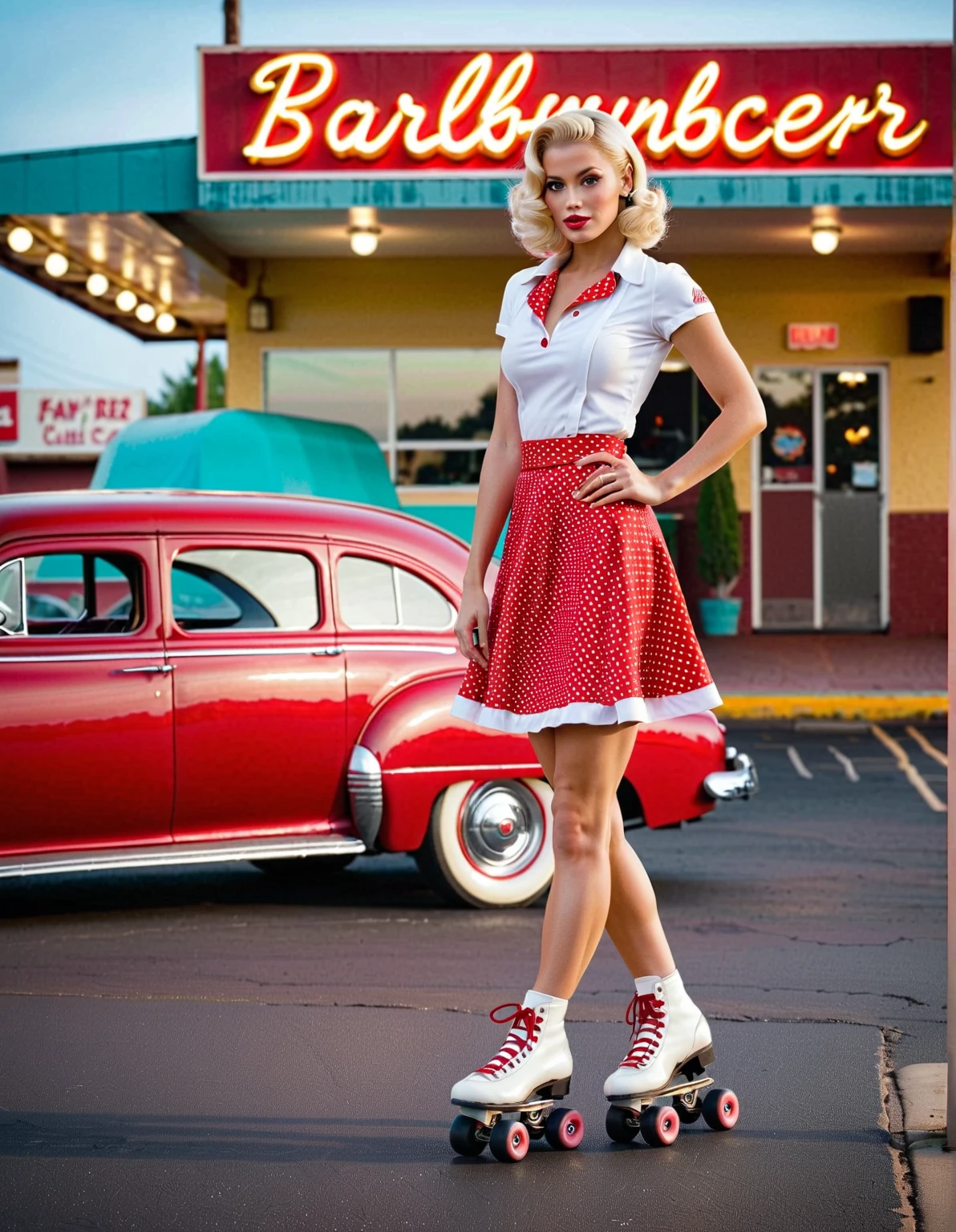 a hyper-realistic photograph of a beautiful rockabilly pin-up model leaning against a hot rod car in the parking lot of a 1950s-style diner, with an interesting camera angle and perspective, volumetric lighting, Depth of field, professional photo session, cinematic lighting. details Intricate, lifelike textures, dynamic pose