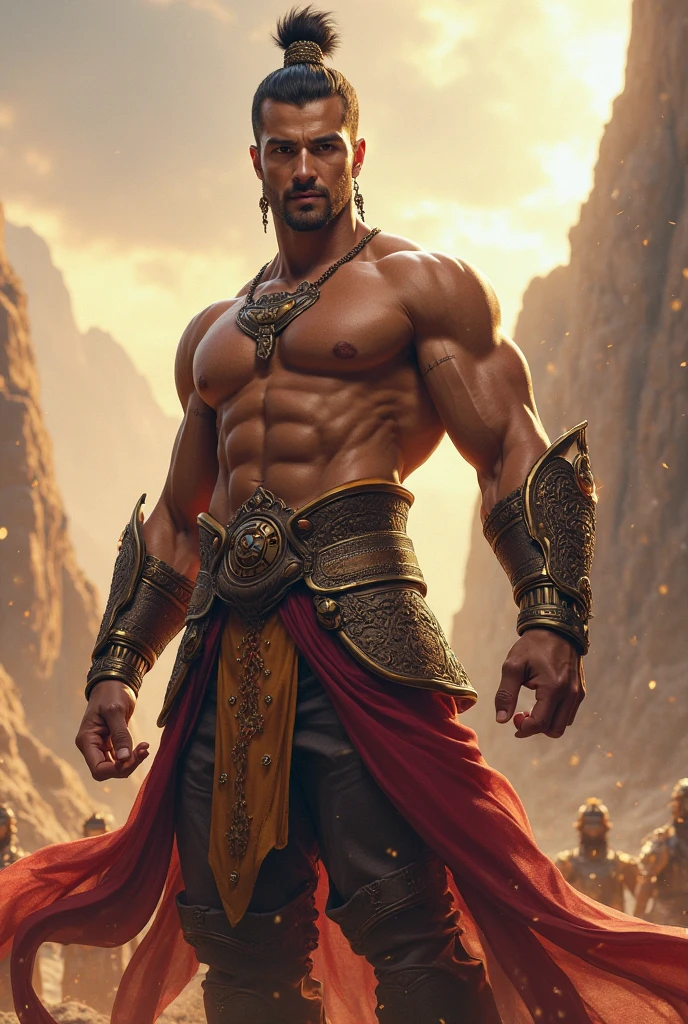 Hyper realistic, Masterpiece, detailed, 8k, a delicate and graceful image of a Handsome javanese male, shirtless, tan skin, golden ornament, golden shoulder pads, night view background, ancient indonesian building, fierce look, undefined, undefined, hairy abs, short black hair, gold hairpiece