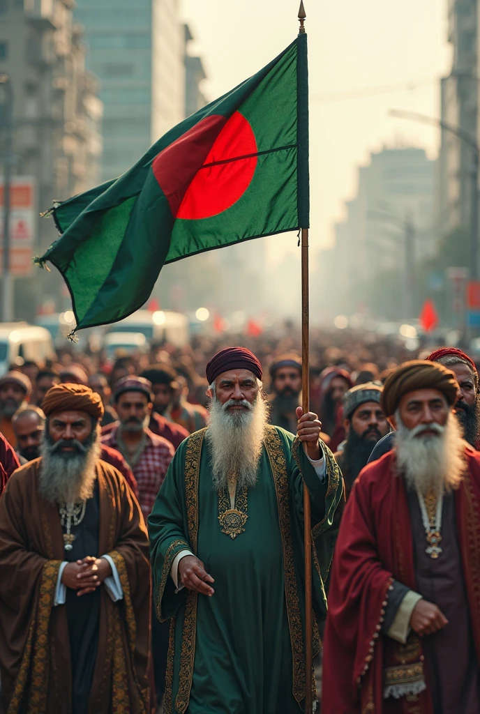 Fultali Saheb and Alim Ulama wearing white turbans marching with Bangladeshi flags and Kalima flags in Bangladesh's mosque city of Dhaka with thousands of bearded smart, white turbaned,Without a mustache, and Behind the scenery will be Ahsan Manzil , hand flag of kalima, and Bangladesh flag without a mustach all public face
And smart beard