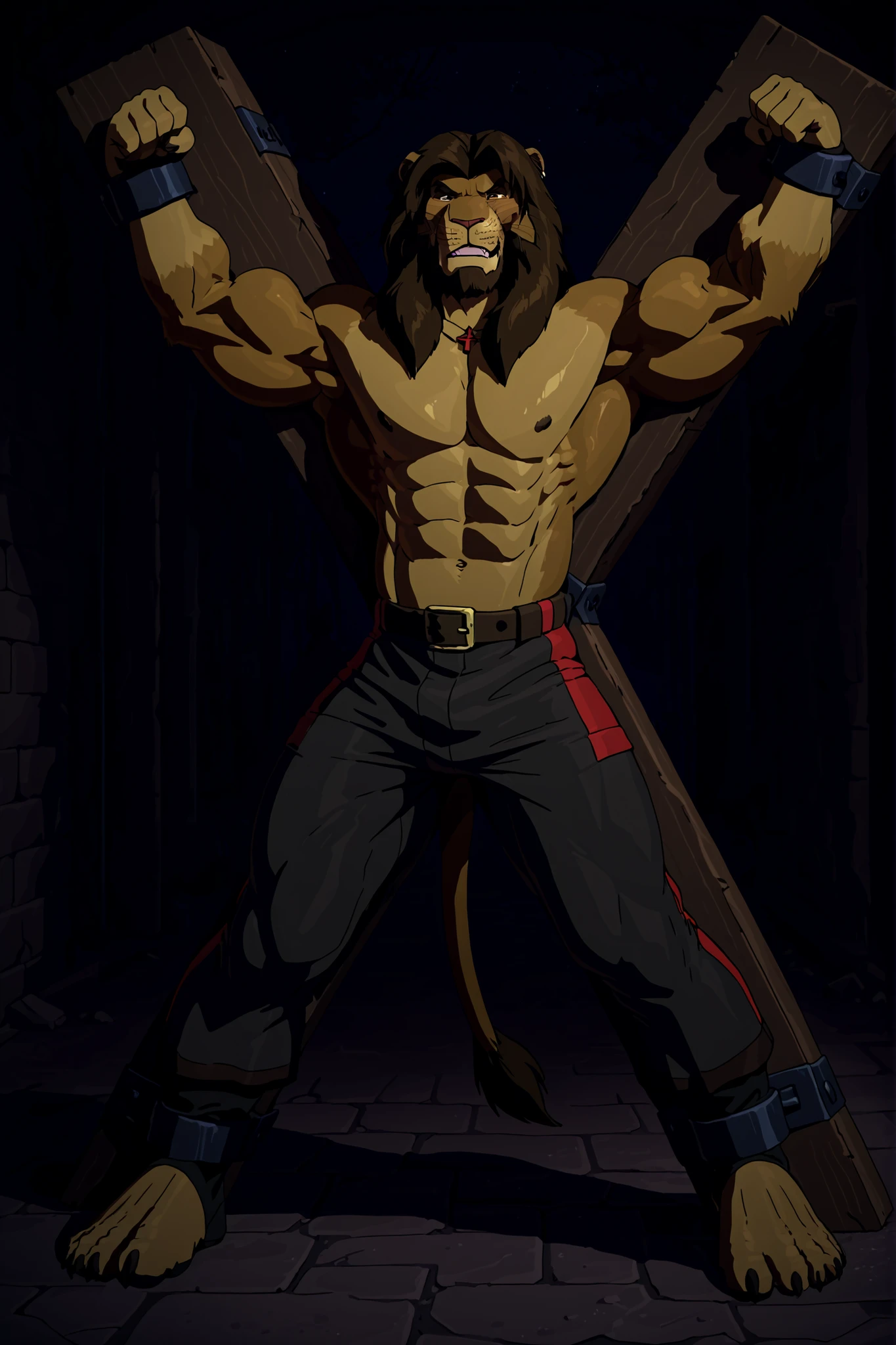 Galen Dhaelos,mitzakan,in Stocks Pose,Cuffs on Ankles and Wrists,mitzakan,CROSS_X,Crucifixion,arms spread,legs spread,x-cross (bdsm),bondage, restrained, legs apart, Mitzakan, (masterpiece, highly detailed face, detailed realistic dark brown eyes), Highest Quality, 4k, masterpiece, solo, Amazing Details, highly detailed face, (Galen Dhaelos, lion head, thick eyebrows, 1boy, dark brown mane, FULL BODY, face, muscular, strong, lion tail), pants, intense stare, anger, shock, night time, streets, break, standing, attacked, assault, assaulted, tied, bound, spread eagle, hands tied over head, legs tied spread wide, Saint Andrew’s cross, trapped, prisoner, captured, captive
