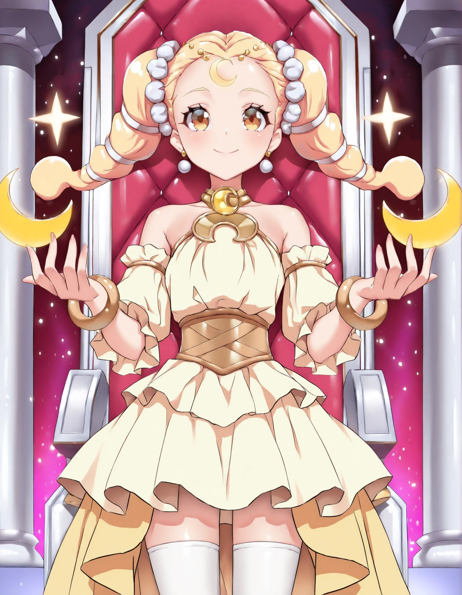 (masterpiece), best quality, (best illustration), amazing quality, very aesthetic, perfect body, shiny skin, perfect eyes, detail1eye, well-defined fingers, beautiful detailed face, source_anime, anime style, (((solo, 1girl, solo_focus))), libraprincess, jewelry, earrings, dress, yellow dress, crescent, bracelet, forehead mark, hair ornament, bare shoulders, yellow skirt, detached sleeves, zettai ryouiki, smile, gentle, close up, elegant, royal throne room background, stone pillar, star aura, glowing light, dramatic lighting, cinematic atmosphere, Glitter Effects,
