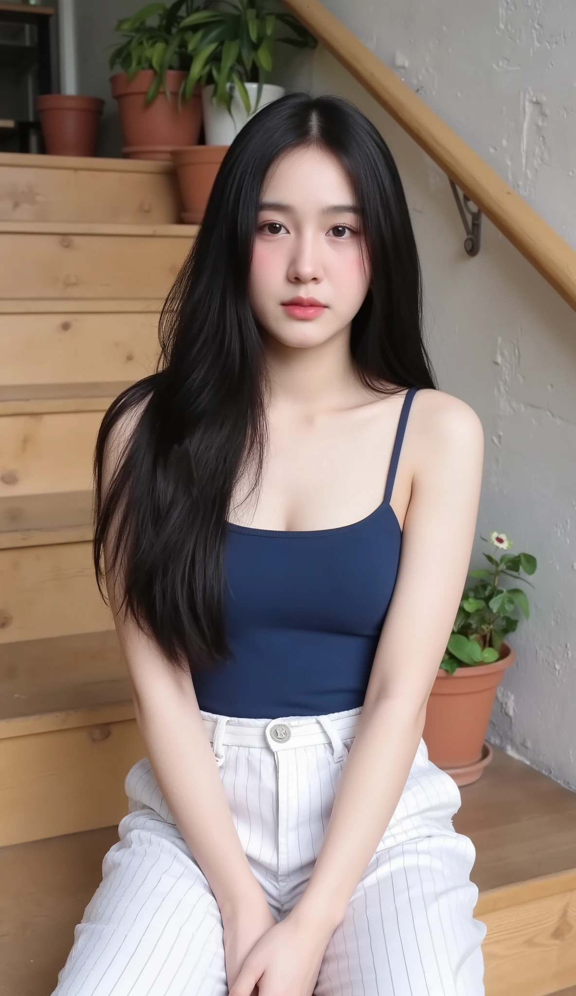 Realistic Teen Women Beautiful Face Black Long Hair Big Breasts Attractive Shape Looking At Camera 8K High Definition Sharp Focus Very High Detail Realistic Like Photo Natural Light Smooth Skin
Sitting on the steps inside a minimalist wooden cafe in Ekkamai, surrounded by potted plants and bare plaster walls reflecting light from the side window openings, she wore a blue single-breasted top with white pinstripe trousers.
The camera angle is slightly below the chest. The eyes look down at the camera with the head still upright. The atmosphere is warm and stylish.
