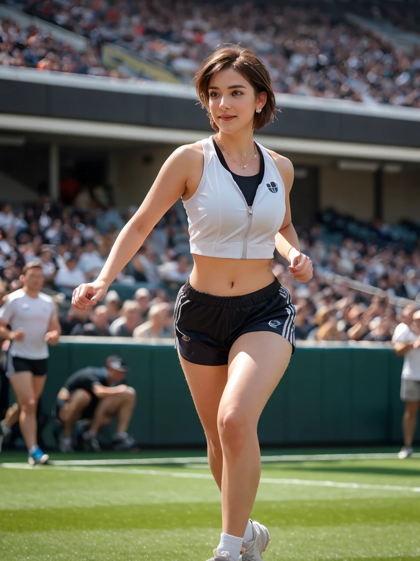 Rosa,Seios grandes Hatsune Miku,de corpo inteiro, ROUPA DE TIME SHORTS E MINE BLUSA, As pupilas dos olhos brilham,heterocromia, PLAY FOOTBALL ON THE FOOTBALL FIELD WITH A CROWD ,Coquettish expression smiling cheerful and cute,papel de parede ultra hd,3D rendering