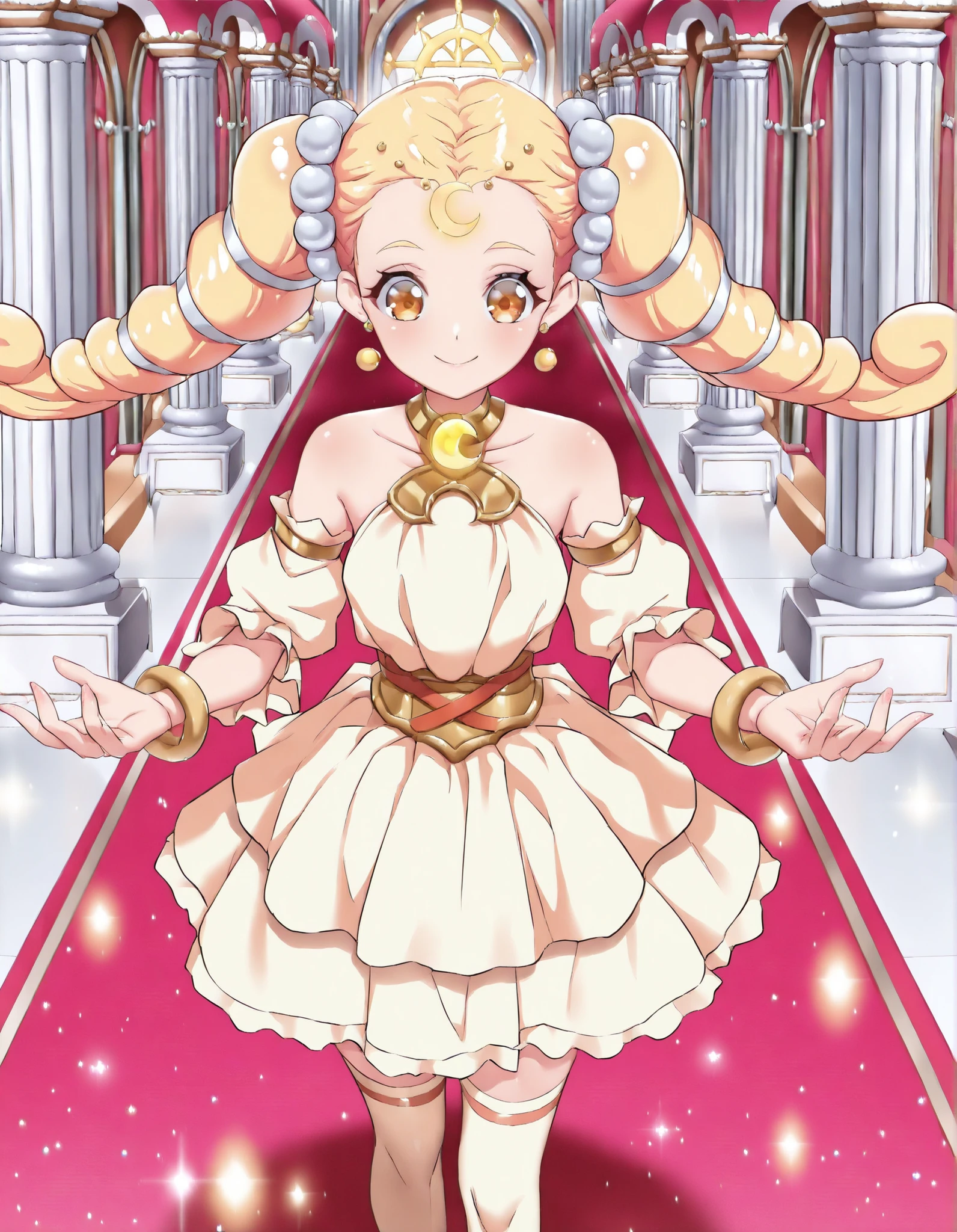 (masterpiece), best quality, (best illustration), amazing quality, very aesthetic, perfect body, shiny skin, perfect eyes, detail1eye, well-defined fingers, beautiful detailed face, source_anime, anime style, (((solo, 1girl, solo_focus))), libraprincess, jewelry, earrings, dress, yellow dress, crescent, bracelet, forehead mark, hair ornament, bare shoulders, yellow skirt, detached sleeves, zettai ryouiki, smile, gentle, close up, elegant, royal hallway room background, stone pillar, star aura, golden hall, red royal carpet, glowing light, dramatic lighting, cinematic atmosphere, Glitter Effects,
