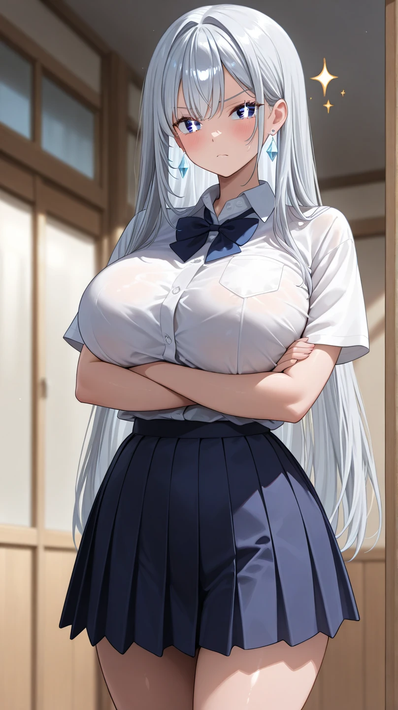 hair ornament, very long hair, japanese clothes, professional artwork, Intricate Details, field of view, sharp focus, detailed painting, photorealistic lighting, trending on pixiv, Standing at attention, ((school girl, summer school outfit)), ((large breasts:1,3)), Beautiful body,Beautiful Nose,Beautiful character design, perfect eyes, perfect face, looking at viewer, SFW,official art,extremely detailed CG unity 8k wallpaper, perfect lighting,Colorful, Bright_Front_face_Lighting, (masterpiece:1.0),(best_quality:1.0), ultra high res,4K,ultra-detailed, photography, 8K, HDR, highres, absurdres:1.2, Kodak portra 400, film grain, blurry background, bokeh:1.2, lens flare, (vibrant_color:1.2), shikkoku_yorihime, (happy smile, cheers), ((looking at viewer, front body pose))