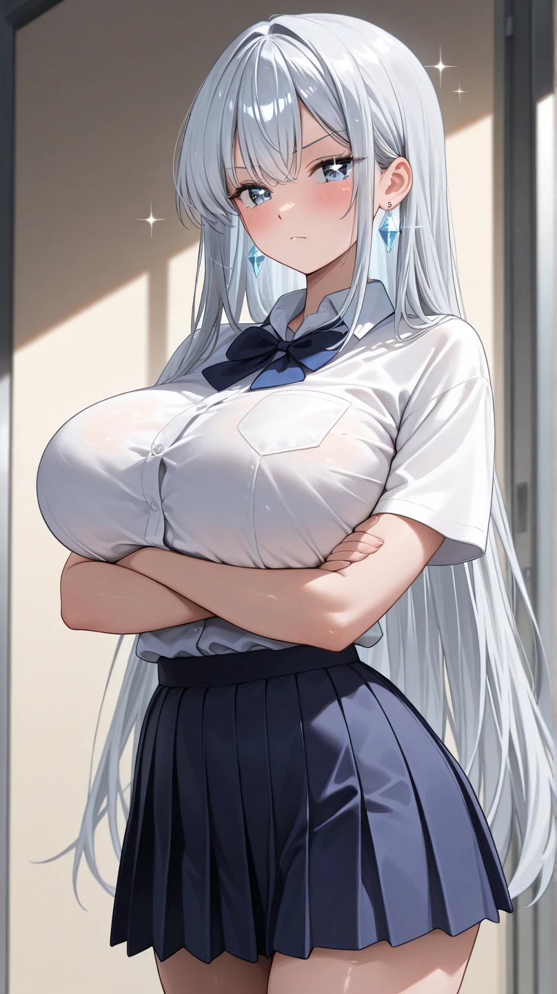 (masterpiece:1.3), (Best Quality:1.3), (Ultra-detailed:1.2), ((kawaii)), Cute, (lovely), ((sexy)), (Ero), ((Extremely detailed)), 4K, (8K), Best Quality, (Beautiful), Illustration, anime style, painting, (bold line:1.2), Gradation, looking at viewer, //, sitting, (spread legs), //, a cute girl, 1girl, (solo:1.2), //, gigantic breasts, BreastsApart, breasts falling aside, (Perfect eyes:1.2), (Perfect iris:1.2), //, Side tail hair style, Silver hair color, (beautiful eyes) //, (sexual expression:1.2), Fascinated expression, troubled expansion, (cool:1.2), (blush:1.2), //, School uniform, (cutout between underboob:1.2), mini skirt, loafers, knee-high socks, //, Under the school staircase, dimly lit with old posters and announcements left hanging, //, shiny-glistening, gleaming,