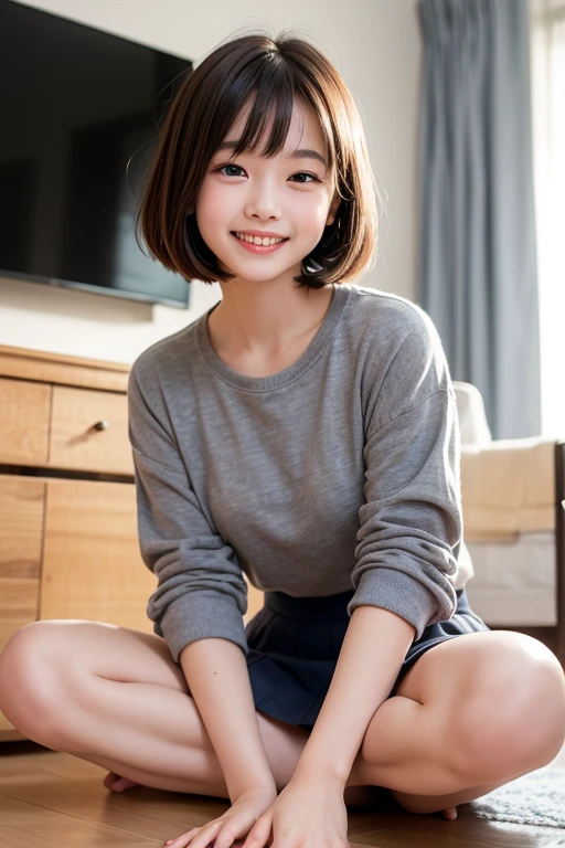 top-quality,masterpiece,Raw photography,8K,Top image quality,hight resolution, 18 years old Japanese female idol ,Beautuful Women,cute Japanese girls, Pretty Woman ,Beautiful face in every detail, aegyo sal ,small head, seductive smile ,Realistic human skin, pale skin ,cut model , Short hair ,bowl cut ,skinny body , face focus,Squatting, inside the closet