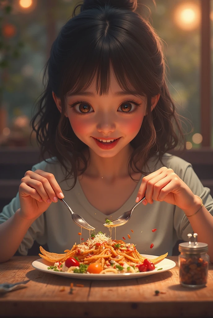One girl eating so much varaity foods.left hand use phone