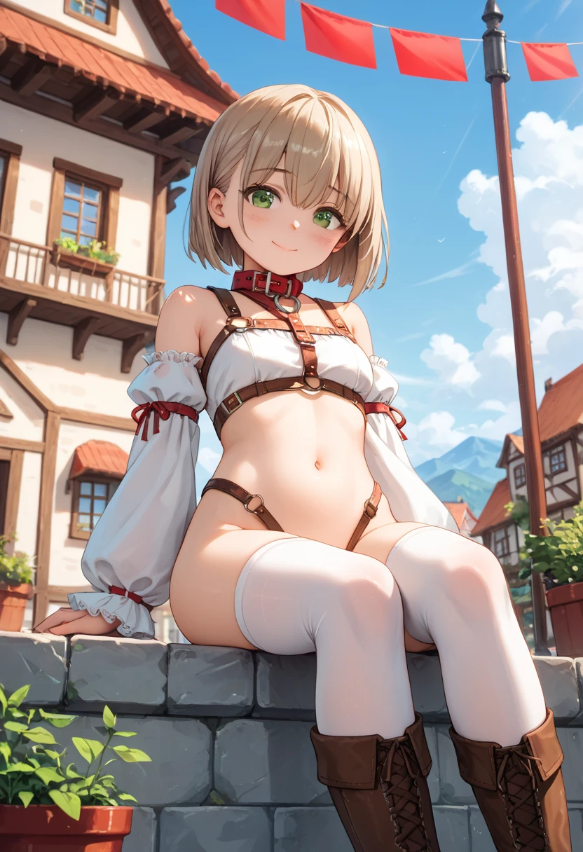 masterpiece, best quality, absurdres, perfect anatomy, 1girl, solo, Ashelia, short hair, AsheliaOutfit, miniskirt, thighhighs, jewelry, belt, standing, cowboy shot, smile, dynamic pose, dynamic angle, outdoors, plains, hills, (sitting, spreading legs by hands), spread crotch
