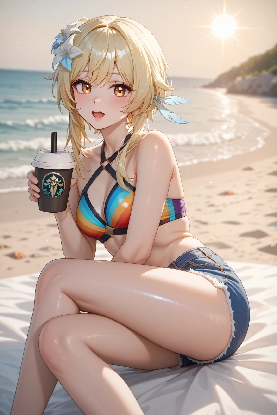 Beautiful mature blonde mohawk woman、Super beauty　(Jaws like the real thing)　pink sexy swimsuit　all-fours　((Slimed、小柄))、A smile　Drinking beer on the beach　sexy  pose　enticing　Photorealsitic、a picture、​masterpiece、reallistic、真实感、photorealisim、High contrast、Photorealistic Art Station Trend Digital Art 8k HD High Resolution Explanation Real, detaileds, Skin Texture, ultra-detailliert, realistic skin textures, armature, top-quality, 超A high resolution, (Photorealsitic:1.4),, hight resolution, detaileds, Raw foto, Sharp Re, Nikon D850 Film Stock Photo by Lee Jefferies 4 Kodak Portra 400 Camera F1.6 lenses rich colors hyper realistic lifelike textures dramatic lighting unreal engine artstation trends synestil 800,