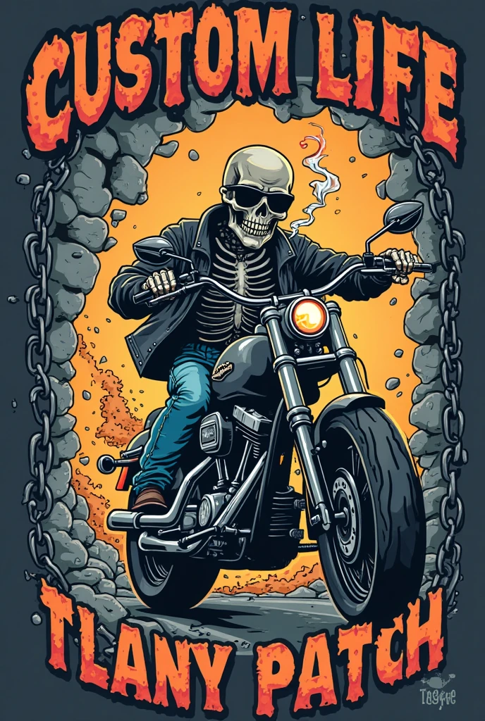 Written emblem "IRON HORSE" with a funny skeleton wearing a helmet with sunglasses, 50's cartoon style at high speed, with smoke, underneath there is a ribbon written "Ride to Live, Live to Ride"