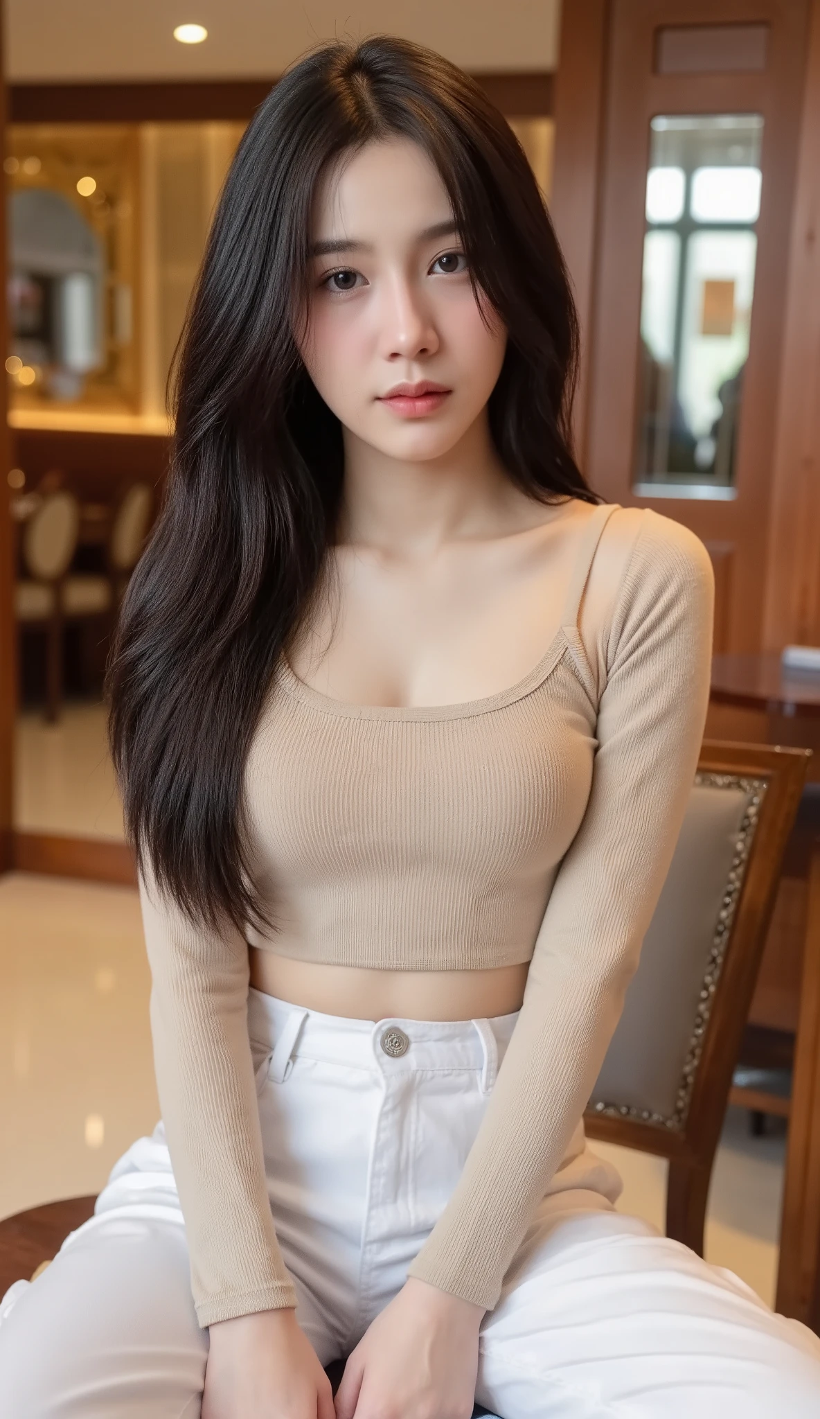 Realistic Teen Women Beautiful Face Black Long Hair Big Breasts Attractive Shape Looking At Camera 8K High Definition Sharp Focus Very High Detail Realistic Like Photo Natural Light Smooth Skin
Sitting in the lobby of a luxury hotel by the Chao Phraya River, the surrounding area is decorated with wood and mirrors reflecting the warm afternoon sun. She wore a beige ribbed long-sleeved cropped top paired with white long-legged linen trousers.
The camera angle is slightly below the chest. The eyes look down at the camera with the head still upright. The atmosphere is warm and stylish.