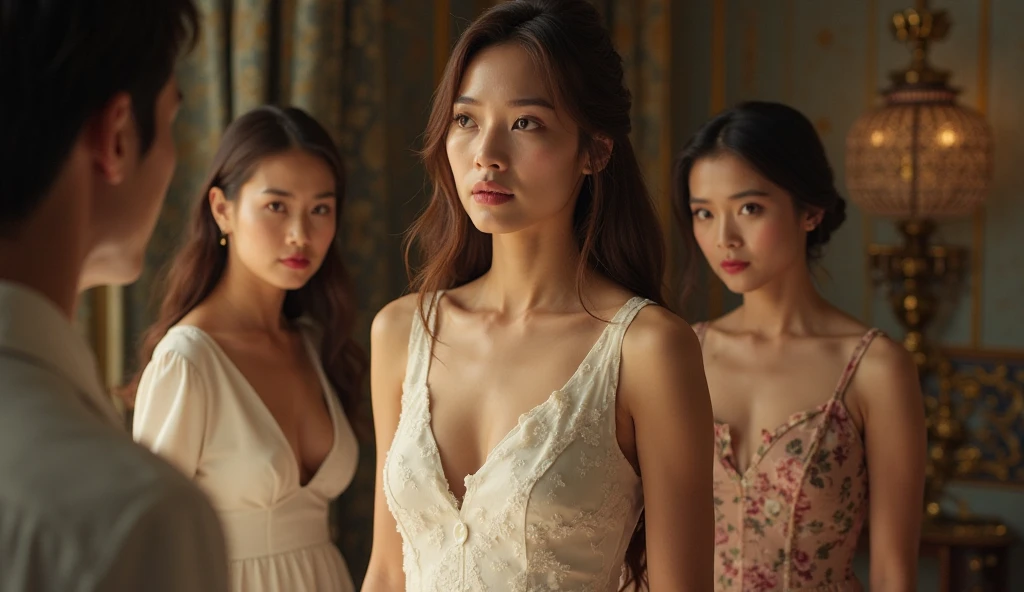 top-quality、​masterpiece、超A high resolution、(Photorealsitic:1.5)、Raw foto、1girl in、murky、deep-shadows、Unobtrusive、cold light、sexy appearance、shorth hair、((very_short_hair))、((Luxury evening dresses))、((Luxurious painting))、((Luxury Accessories))