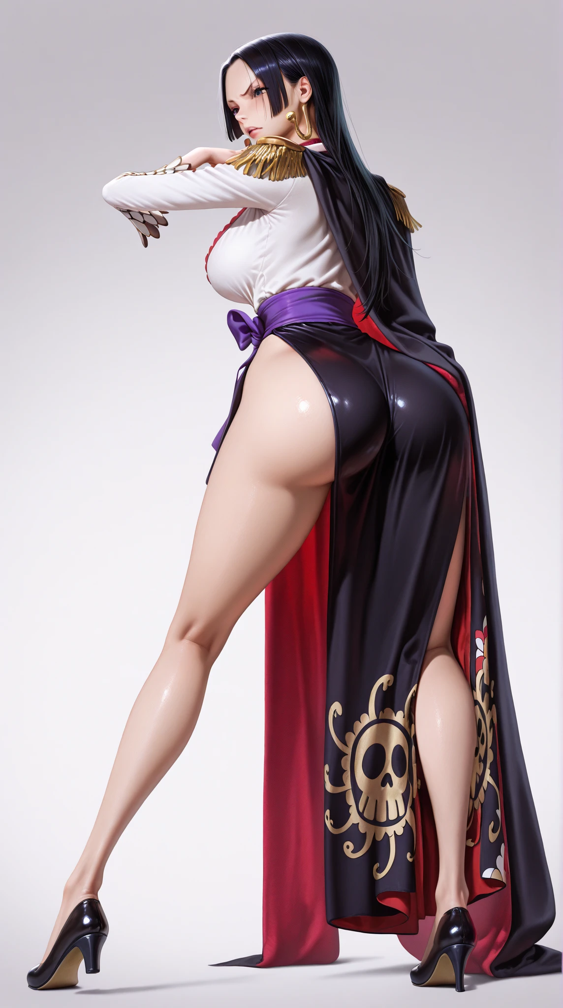 A close-up portrait of beautiful aurakasih wearing (boa hancock red costume:1.4), it exposed her breast and (irezumi tattoo:1.4) on her shoulders, bottomless, she looks sexy with droopy breast, slim body with skinny posture, blue eyes, brunette hair with traditional accesories, she hug her breast up when posing, when daylight, blue tones, vivis colors, warm atmosphere, wide angle, facing forward, dramatic background