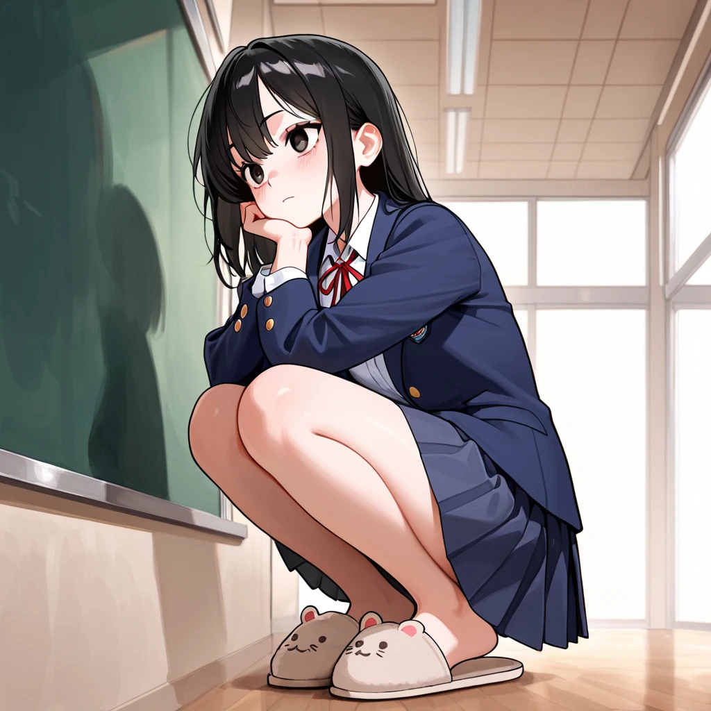 Superior quality, Masterpiece, The image of a in a classroom has a very short skirt, her eyes are black and her hair is brown and very short, she is looking shyly while blushing