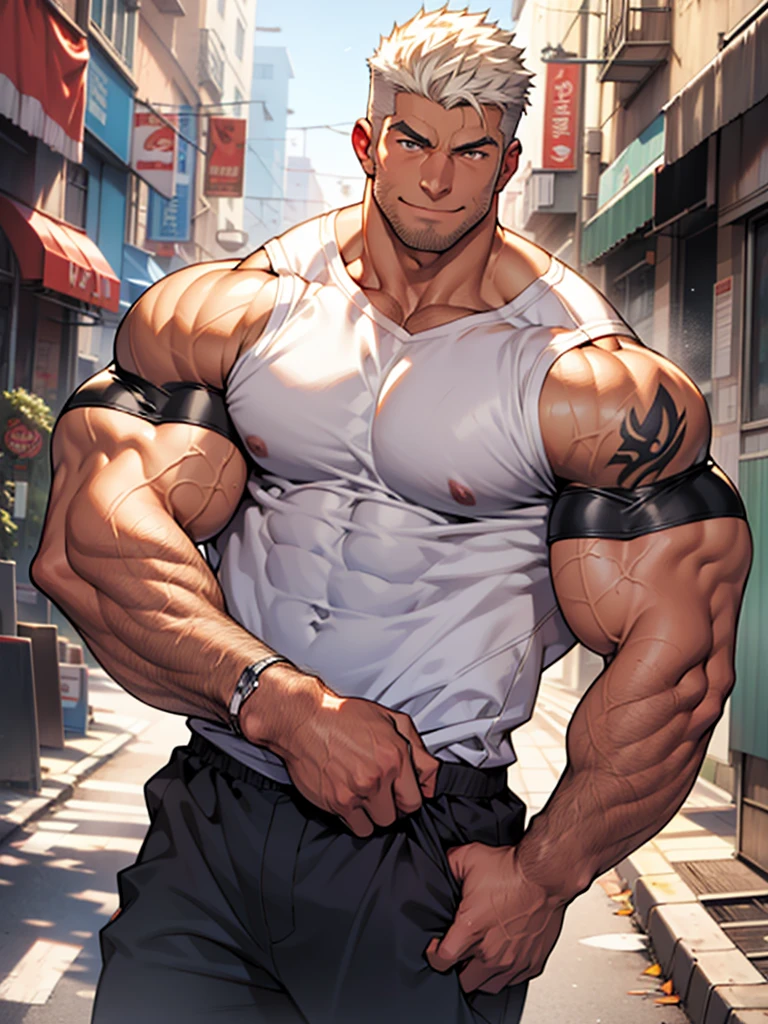 Highest image quality，male people，1 boy，Young and handsome，shoun，Short flat top hair，Dark  skin，anime，anime wallpaper，Solo，malefocus，Briefs，Dilation of the pectoral muscles，Bulging crotch，Urban background，spread their legs，Sexy,(Masterpiece, Best quality),Long white socks，Boots,CG sense，Dark atmosphere，8K,Cinematic lighting effects