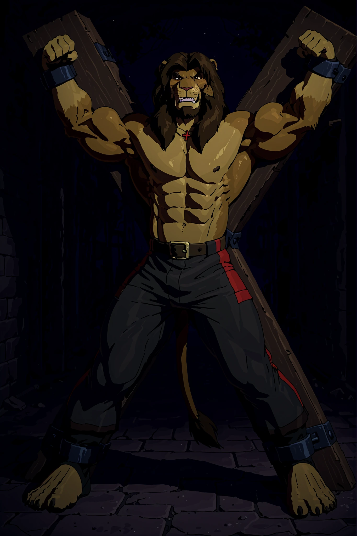 Galen Dhaelos,mitzakan,in Stocks Pose,Cuffs on Ankles and Wrists,mitzakan,CROSS_X,Crucifixion,arms spread,legs spread,x-cross (bdsm),bondage, restrained, legs apart, Mitzakan, (masterpiece, highly detailed face, detailed realistic dark brown eyes),  Highest Quality, 4k, masterpiece, solo, Amazing Details, highly detailed face, (Galen Dhaelos, lion head, thick eyebrows, 1boy, dark brown mane, FULL BODY, face, muscular, strong, lion tail), pants, intense stare, anger, shock, night time, streets, break, standing, attacked, assault, assaulted, tied, bound, spread eagle, hands tied over head, legs tied spread wide, Saint Andrew’s cross, trapped, prisoner, captured, captive