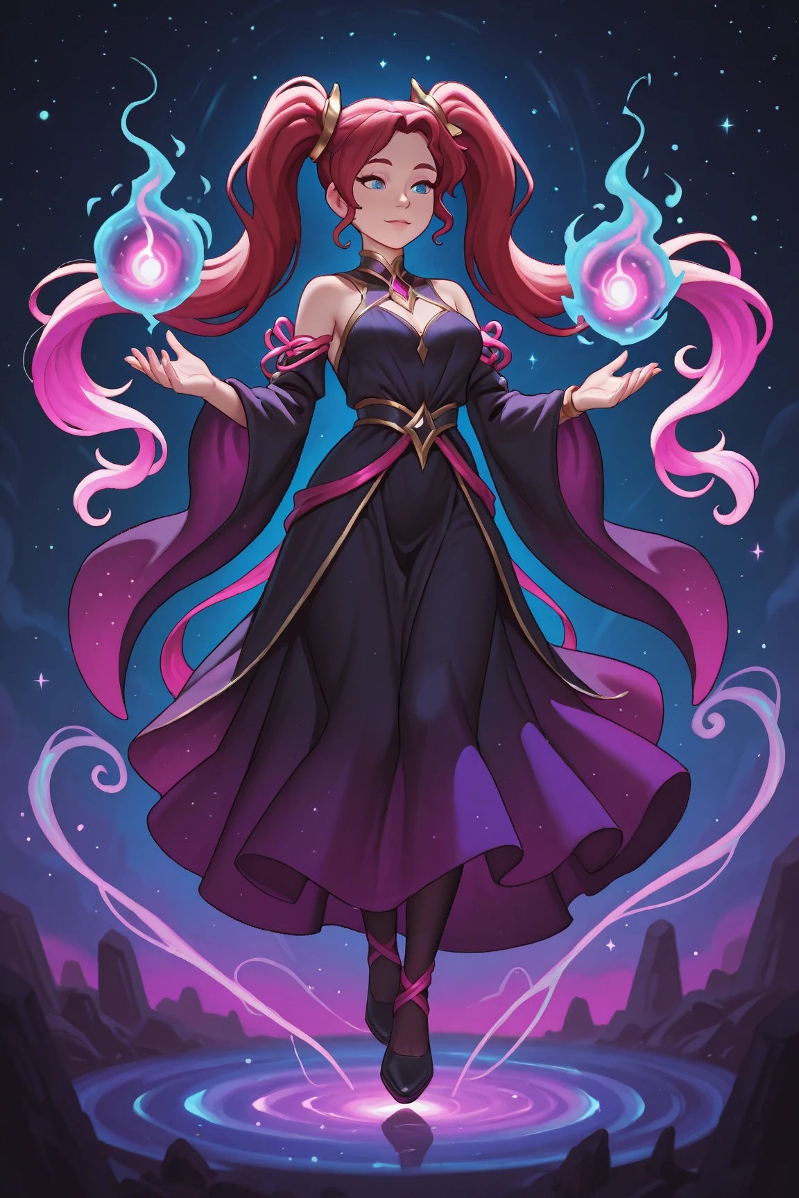 Anime girl in purple dress with stars and purple background, Sonriendo como una reina de las hadas, [[fantasy]], elven princess, Hada astral, Magical long hair, Fanart, beautiful avatar pictures, Aura de magia a su alrededor, Fuego estelar, (((Enojado))) Princesa Elfa, [[[[sonriendo malvado]]]], Princesa de Amatista