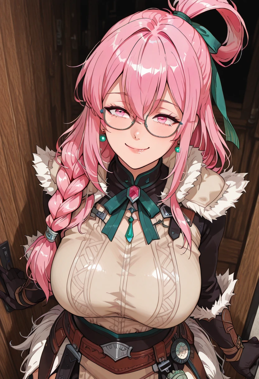 masterpiece, best quality, ultra-detailed, Potrait of beautiful MitsuruDS, solo, demon_slayer_uniform, smile, long_sleeves, looking_at_viewer, japanese_clothes, breasts, haori, cleavage, closed_mouth, jacket, large_breasts, open_clothes, skirt, belt, black_skirt, pleated_skirt, thighhighs, green_thighhighs, zettai_ryouiki, volumetric lighting, best quality, masterpiece, intricate details, tonemapping, sharp focus, hyper detailed, trending on Artstation, pink hair with greeb bottom hair, pink hair, greeb bottom hair, kimetsu no yaiba,