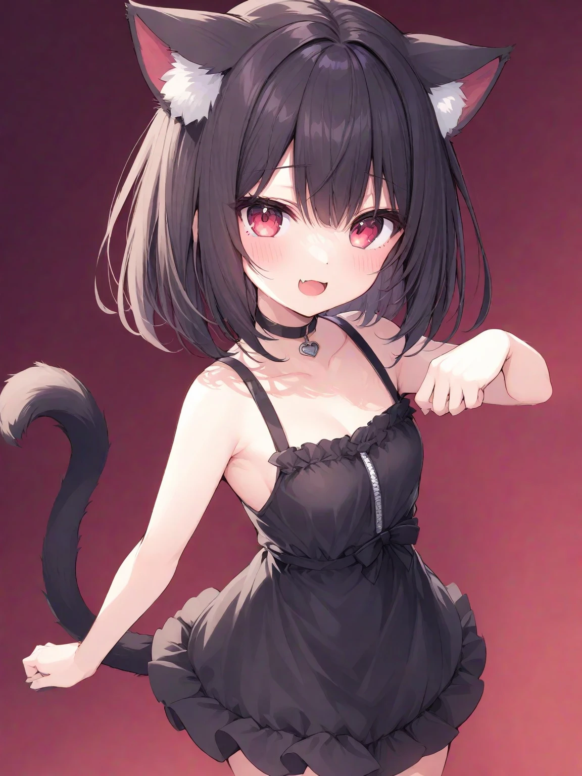 (masterpiece, best quality:1.2),illustration,8k,hd,absurdres,1girl,solo,cowboy shot,upper body,(portrait:1.2),animal ears,black hair,red eyes,animal ear fluff,cat ears,short shorts,bell,navel,mismatched eyebrows,cat tail,denim shorts,black shirt,short hair,jingle bell,midriff,cat girl,sandals,long sleeves,fang,smile,off shoulder,looking at viewer,tail bell,tail ornament,flip-flops,bangs,collarbone,breasts,clothes writing,black footwear,open clothes,crop top,<lora:Yamashiro(azur)>,