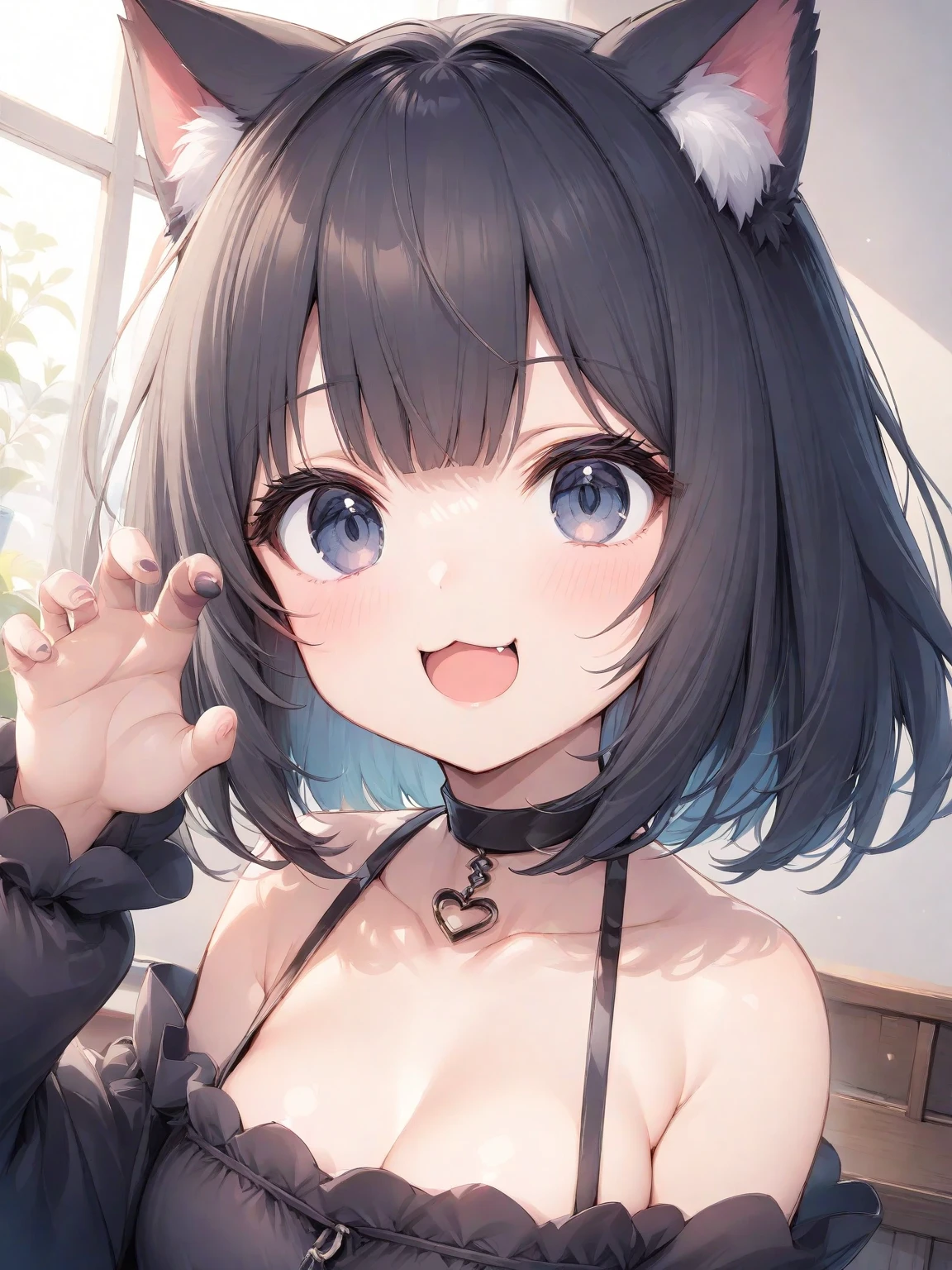 on lap,((((upright)))), ((((stand up)))), looking at the viewer, simple background、white background, 1 girl, open your mouth, smile, Virtual YouTuber、with a girl、((highest quality, expensive_solve, clear_image)),(black hair), (black cat ears), (Ahoge), (ridiculously short hair), (wavy hair), (blue eyes),、laughter、very big breasts、((concept art))、((front))、wore a camisole、I put a hoodie on my shoulders、short pants、cleavage visible、whole body、